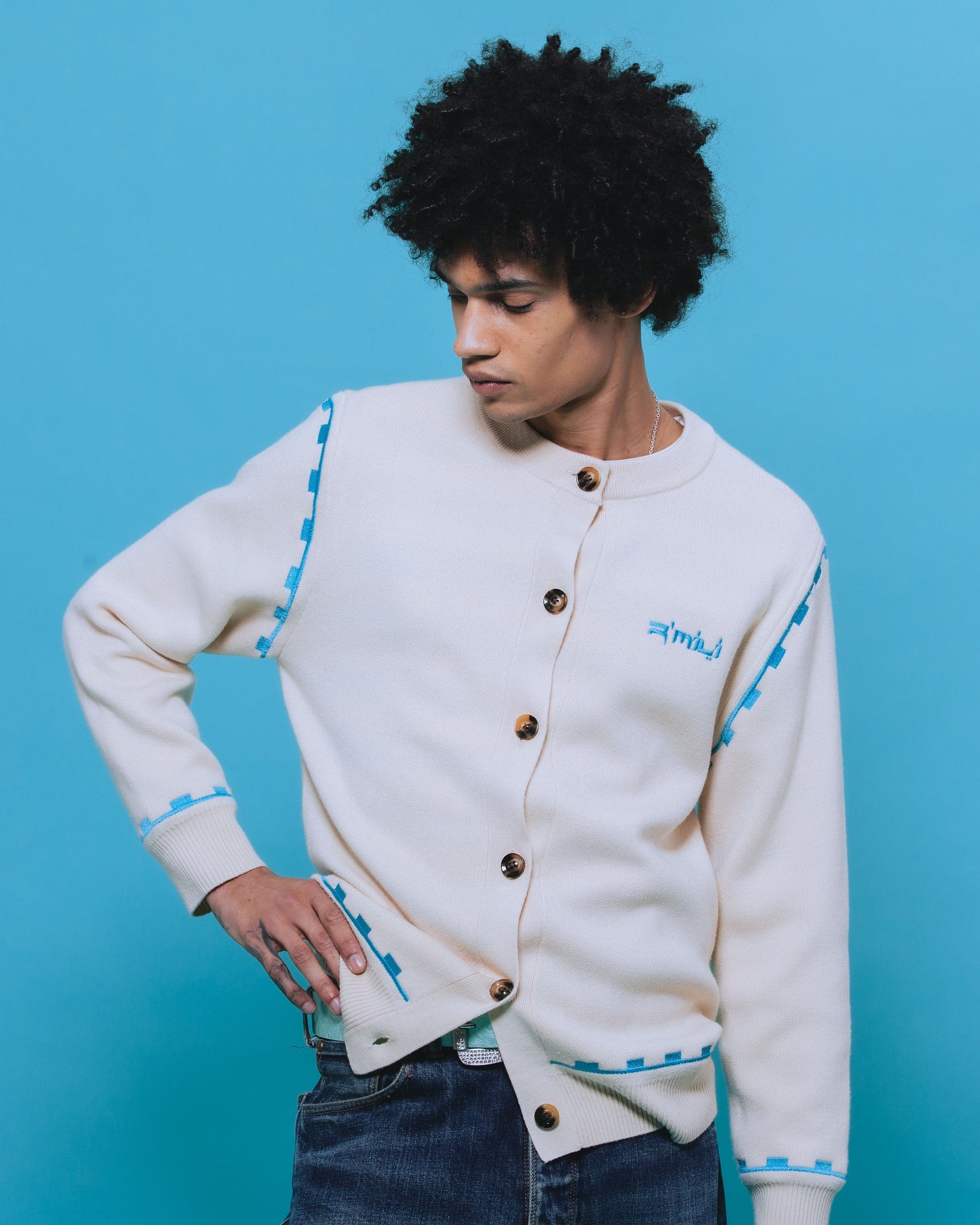 R’MILI « CARDIGAN AMAZIGH KNITWEAR » Off White /Blue