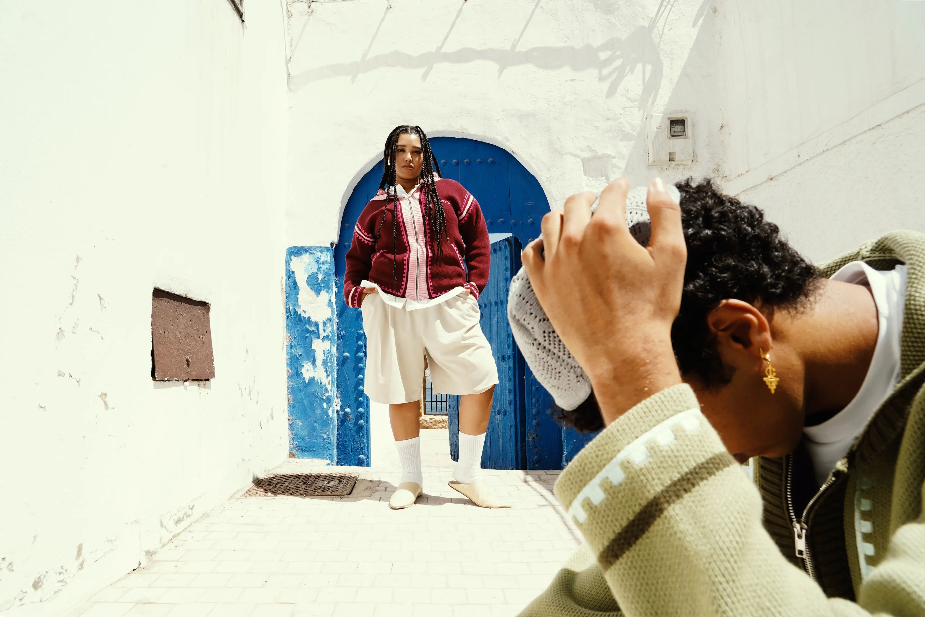 R'MILI Berbere Knitwear Jackets in burgundy and green, blue door in Rabat 